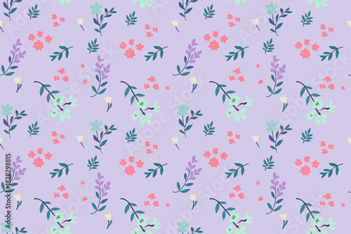 A soft pastel floral pattern featuring delicate blossoms and leafy branches on a lavender background, creating a calm, charming, and whimsical decorative design.