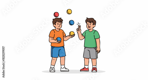 Two young boys juggling colorful balls in a playful and carefree setting against a clean white background.