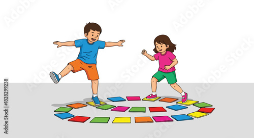 Two children playing on a colorful hopscotch grid on a gray floor with a white background.