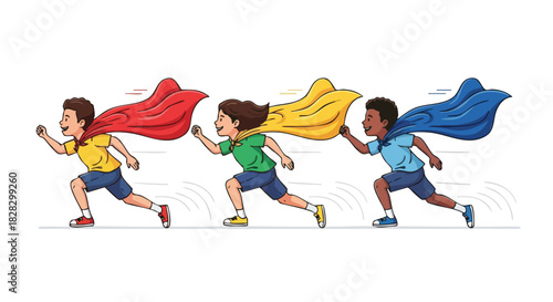 Three diverse children wearing colorful capes and running in a dynamic, cartoon-style illustration against a clean white background.