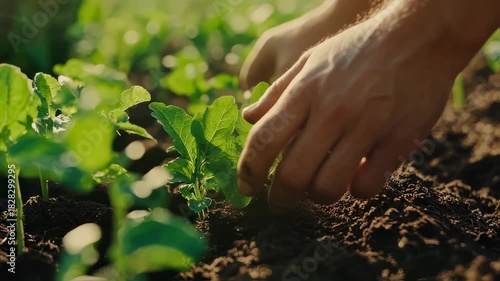 Manual Planting of Greens: A Close-Up Look at Sustainable Agriculture Practices with Hands in the