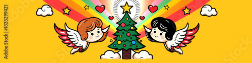 cute christmas banner with cartoon angels, christmas tree and colorful rainbow background