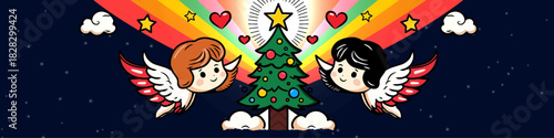 whimsical christmas night scene with angels, a tree, and a rainbow