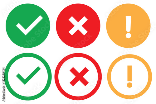 Right or wrong icons. Green tick and red cross checkmarks in circle flat icons. Yes or no symbol, approved or rejected icon for user interface.