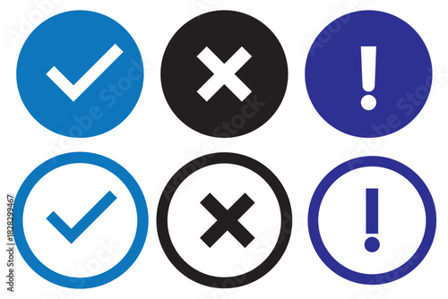 Right or wrong icons. Green tick and red cross checkmarks in circle flat icons. Yes or no symbol, approved or rejected icon for user interface.