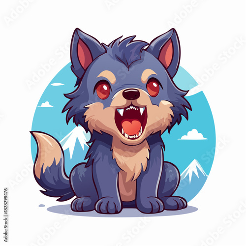 Cute Howling Wolf Puppy Cartoon Happy Chibi Werewolf Character with Mountains Background