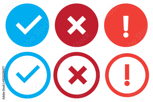 Right or wrong icons. Green tick and red cross checkmarks in circle flat icons. Yes or no symbol, approved or rejected icon for user interface.