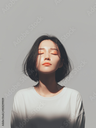 Serene Portrait of Young Woman with Closed Eyes and Short Bob Haircut in Soft Sunlight