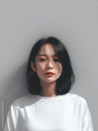 Striking Portrait of Young Woman with Short Dark Hair Staring Intensely Against Grey Background