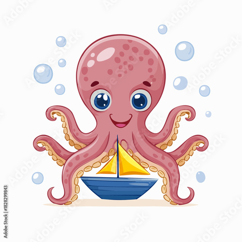 A charming and cute baby octopus character with large expressive eyes, happily holding a small toy sailboat, surrounded by gentle bubbles, in a delightful flat vector illustration