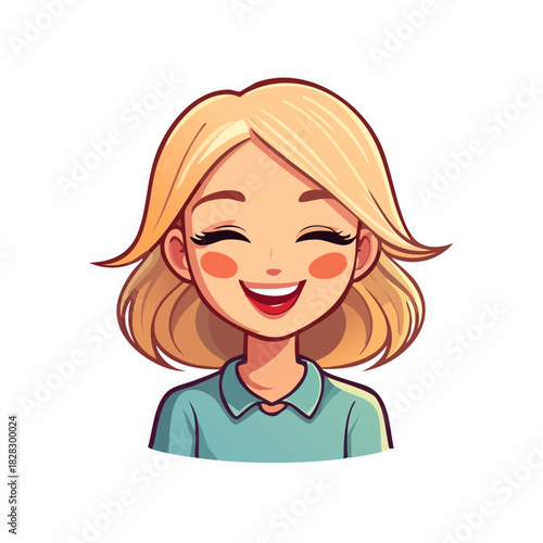 Cute cartoon illustration of a happy blonde girl laughing, created in a modern flat design with bold outlines. A friendly female character avatar for profiles and projects