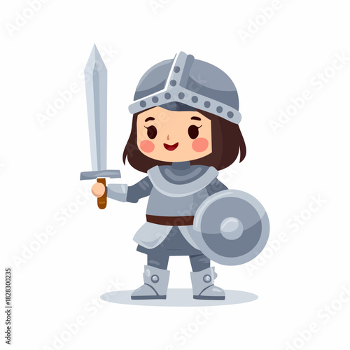 Smiling chibi warrior character in detailed medieval armor, holding a shining sword and sturdy shield, ready for fantasy adventures, a charming flat vector illustration