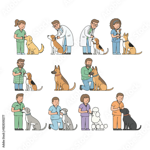 Veterinarian examining dogs of various breeds