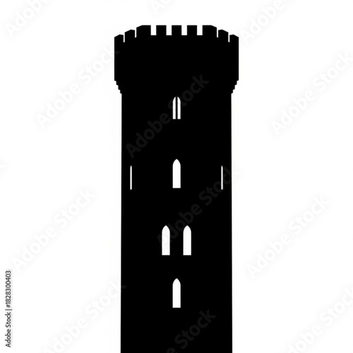 Silhouette of a tall castle tower with multiple windows and crenellations against a white background