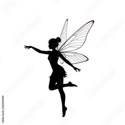 Silhouette of a fairy with wings in a dancing pose reaching out on a white isolated background image