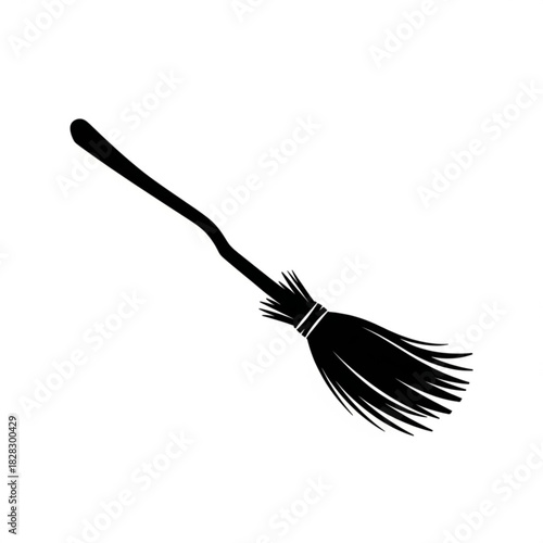 A simple black silhouette of a broom with a long handle and bristles on a plain white background design