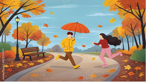 A flat-style digital artwork showing a man holding an umbrella and a woman running beside him under autumn rain