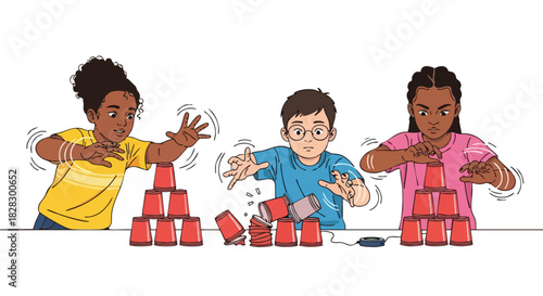 Three children building towers with red blocks on a table against a white background with a playful mood.