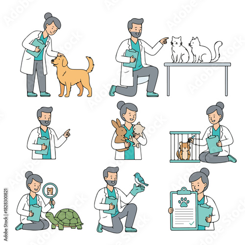 Veterinarians examining pets of various species