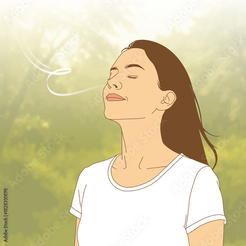 Woman take air breath in the sun light morning feel calm, illustration cartoon