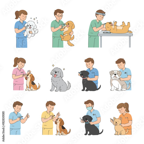 Veterinarian examining dogs in clinic setting