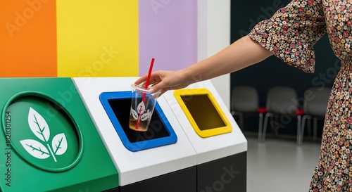 Stylish woman responsibly recycling plastic cup in modern office setting, promoting sustainability and environmental awareness at work