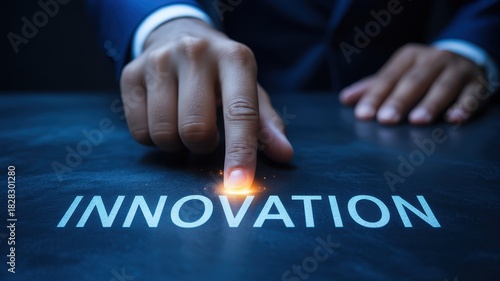 Finger pressing on the word innovation on a dark blue surface with light