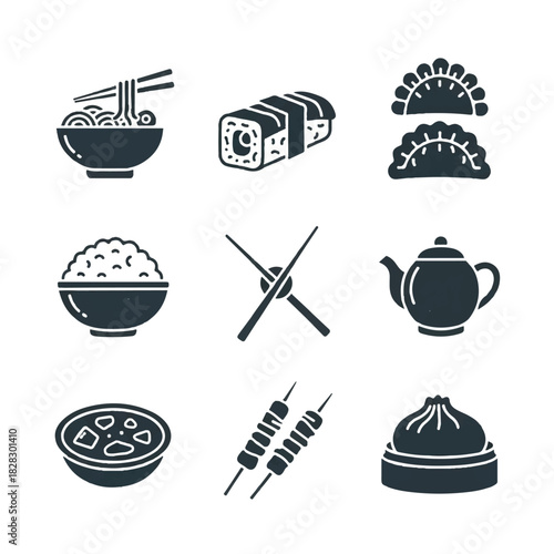 Delicious Asian Cuisine Icons Noodles, Sushi, Dumplings, Rice, Soup, and More