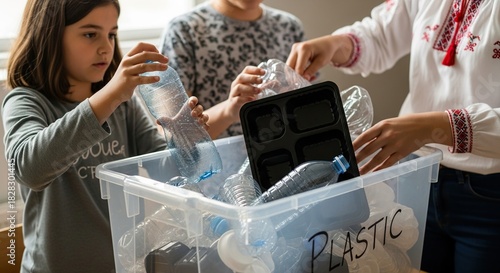 Kids embrace sustainability by sorting plastic bottles for recycling, showcasing teamwork and environmental responsibility for a brighter, greener future
