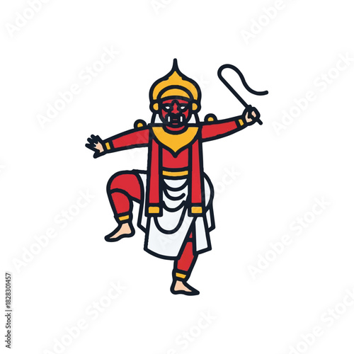 Vibrant illustration of a traditional Asian folk dancer with a red mask and elaborate costume in a dynamic pose, representing cultural heritage and mythology