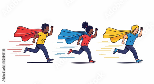 Illustration of three diverse children running with colorful capes flowing behind them on a white background with a dynamic motion effect.