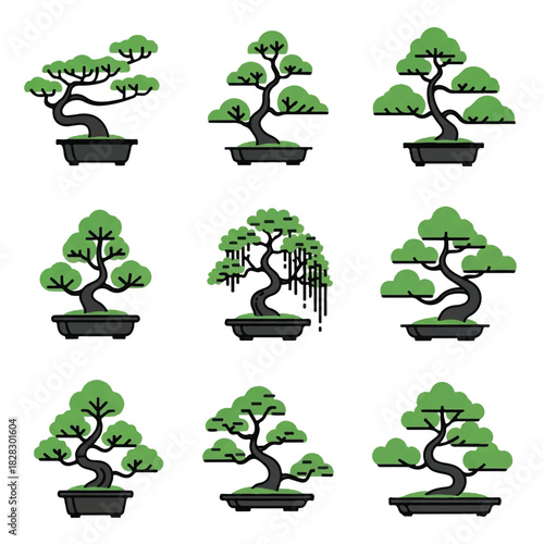 Elegant collection of stylized bonsai trees, featuring various shapes and styles in pots, rendered as intricate graphic illustrations perfect for botanical and cultural design projects
