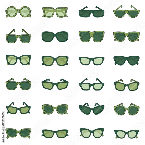 Diverse collection of stylish green sunglasses with various frames and lenses, perfect fashion accessories for summer protection and trendy looks, showcasing modern eyewear designs