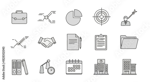 Monochrome Business Icons Set Data, Goals, and Office Management