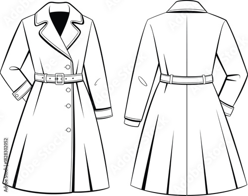 Classic Women's Fitted A-Line Trench Coat Technical Fashion Flat Sketch Template, Featuring Double-Breasted Buttons, Collars, Cuffed Sleeves, and Waist Belt, Front and Back View Outline Drawing.
