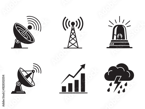 Weather Alert Icons. Weather Alert System silhouette icon set: radar map, signal waves, flashing beacon, satellite dish, data chart, storm icon.