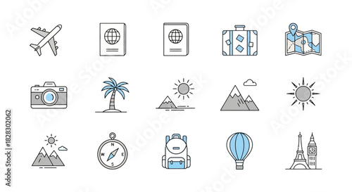 Set of travel and tourism outline icons, including airplane, passport, and camera, for vacation and adventure concepts