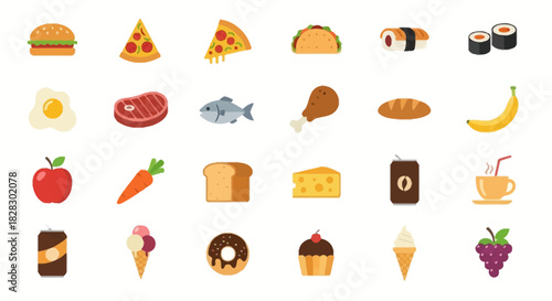 A diverse collection of colorful flat food and drink icons including meals, snacks, and beverages for design projects