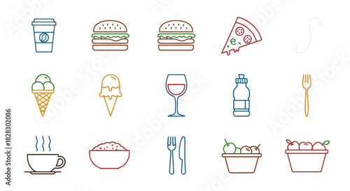 Vibrant and diverse collection of line art food and drink icons, featuring simple and minimalist outlines for various culinary delights and refreshing beverages