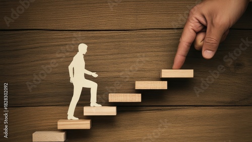 Person climbing wooden steps with hand guiding, career and success concept