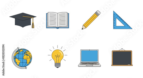 Educational Icons Representing Learning, Knowledge, and School Supplies