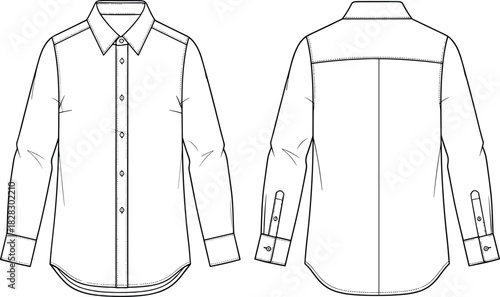 Men's or Unisex Classic Fitted Dress Shirt Technical Fashion Flat Sketch Template, Featuring Spread Collar, Concealed Placket, and Squared Cuffs Detail, Front and Back View Outline Drawing.