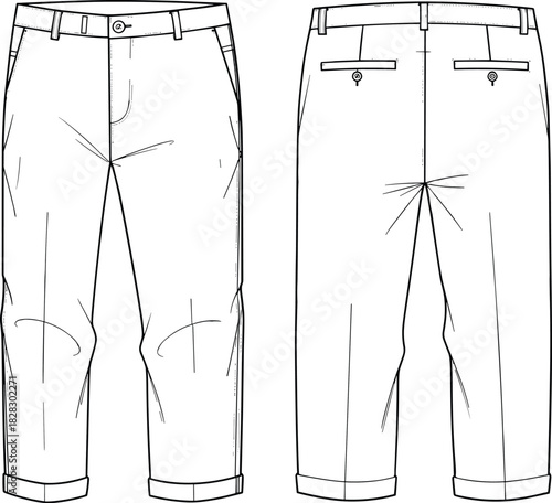 Men's or Unisex Cropped Chino Trousers Technical Fashion Flat Sketch Template, Featuring Waistband with Belt Loops, Back Welt Pockets, and Cuffed Hem Detail, Front and Back View Outline Drawing.