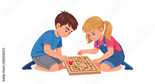 Two children playing a wooden maze game together on the floor with focused expressions.