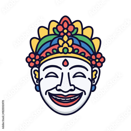 Vibrant illustration of a traditional cultural mask depicting a joyful, wide smile and an elaborate floral headdress, symbolizing festivity and happiness