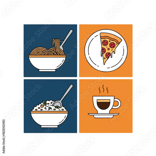 Diverse Food Icons Noodles, Pizza, Rice, and Coffee