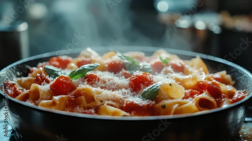 Delicious rigatoni pasta with tomato sauce, fresh basil, and parmesan cheese in a pan