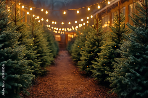 christmas tree at night - Festive outdoor Christmas tree farm scene with glowing string lights and cozy holiday ambiance