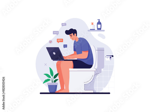 Man working on laptop while sitting on toilet - Illustration for blog, website or social media. vector flat illustration