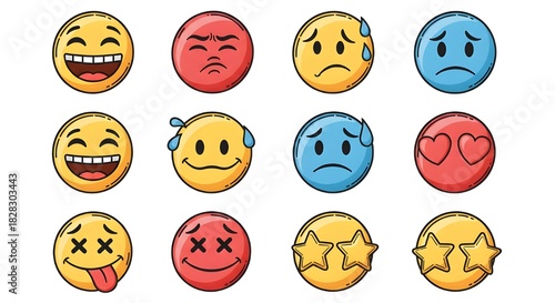 Collection of various cartoon emoji faces expressing different emotions and feelings.